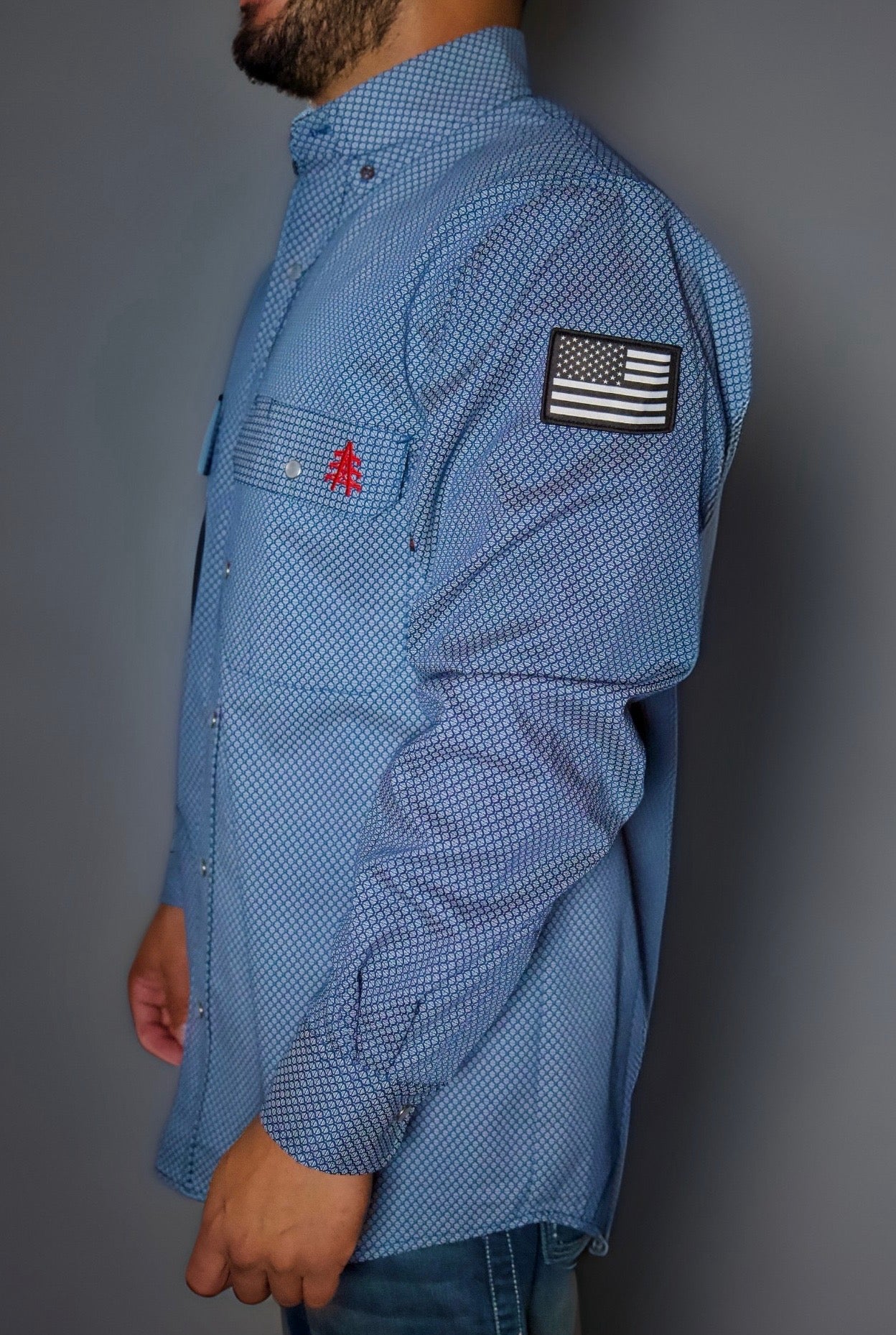 Static FR Pearl Snap Work Shirt Conqueror Navy with U.S. flag sleeve patch on Tampa Home & Garden Store