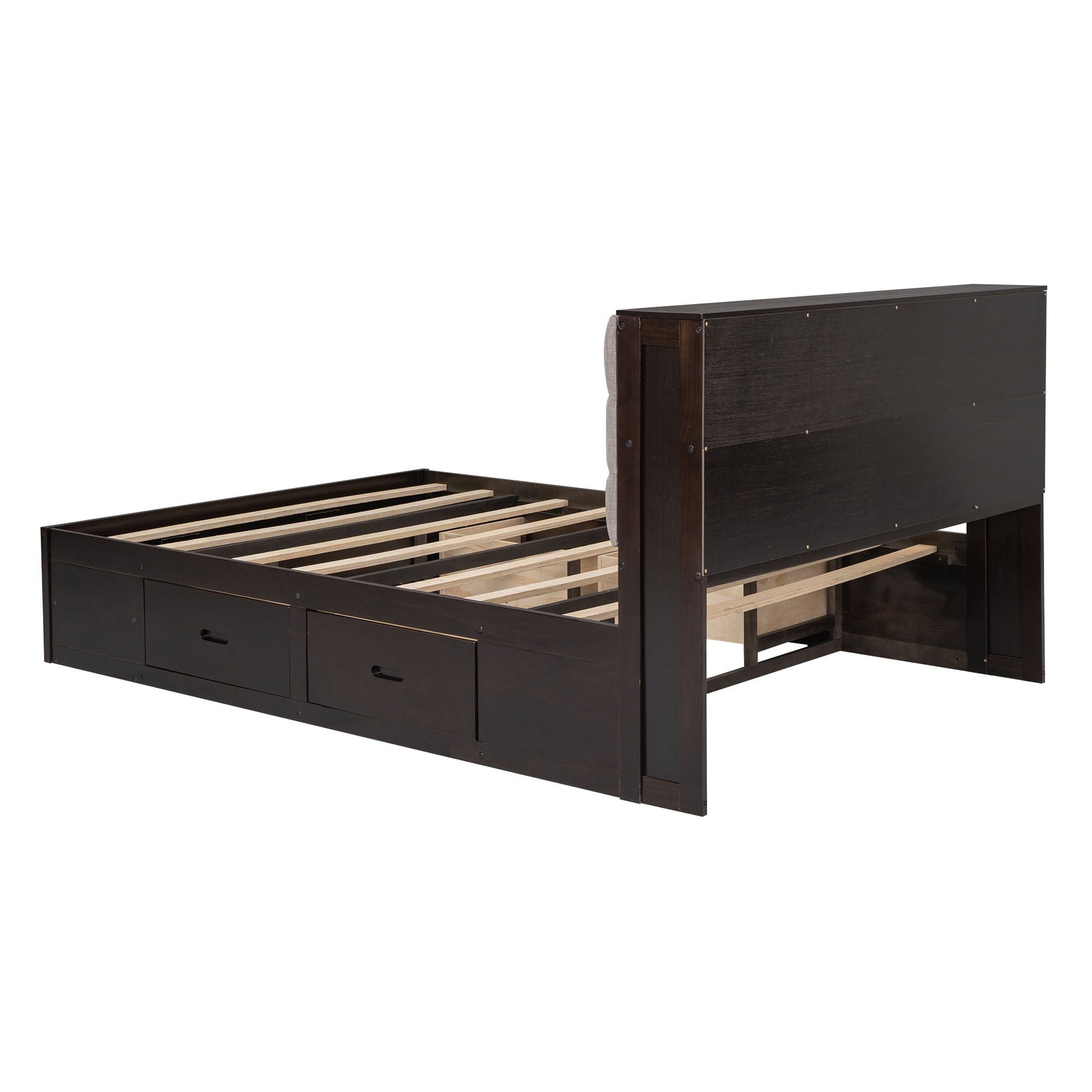 Dark wood platform bed with storage headboard and four drawers; exposed slat base HouseOfZazla on Tampa Home & Garden Store
