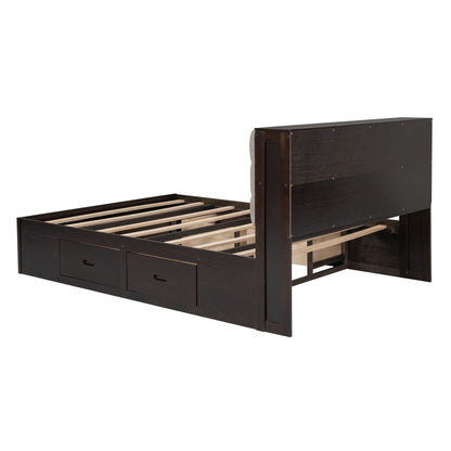 Dark wood platform bed with storage headboard and four drawers; exposed slat base HouseOfZazla on Tampa Home & Garden Store