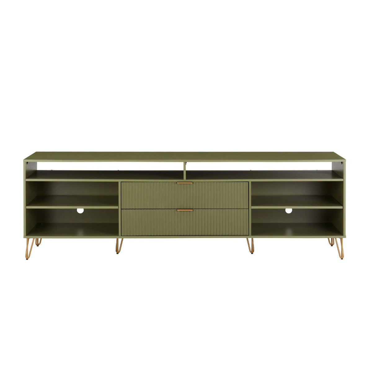 Fluted TV stand with storage by HouseOfZazla, olive finish, metal legs, drawers and shelves on Tampa Home & Garden Store