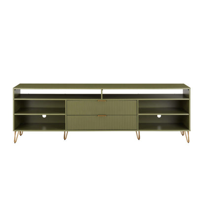 Fluted TV stand with storage by HouseOfZazla, olive finish, metal legs, drawers and shelves on Tampa Home & Garden Store