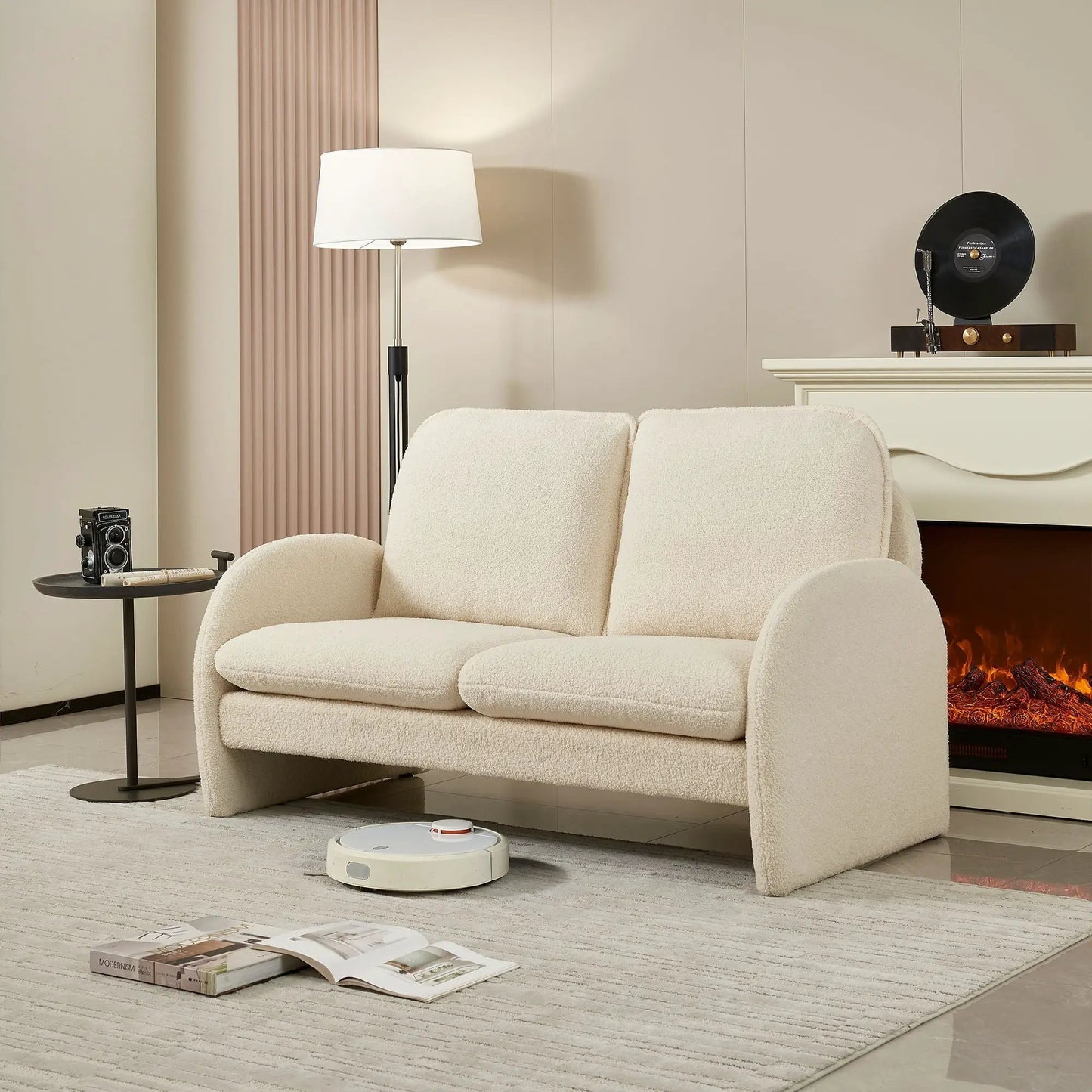 Cream sherpa fabric loveseat, compact stationary sofa by Unique Piece Furniture on Tampa Home & Garden Store