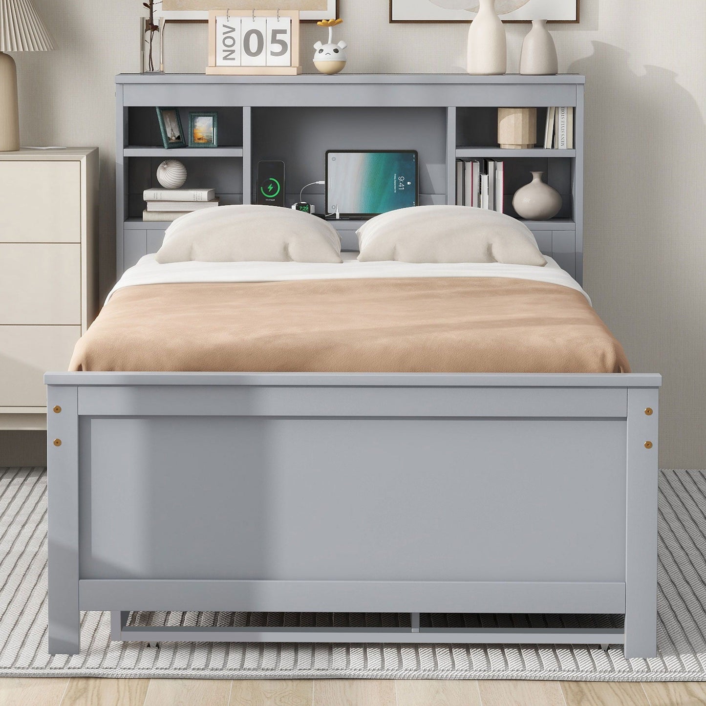 HouseOfZazla gray-blue platform bed with storage headboard USB, trundle and 3 drawers on Tampa Home & Garden Store