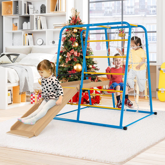 6-in-1 Indoor Jungle Gym with Slide for Boys and Girls 3+ Years Old-Blue - Tampa Home & Garden Store