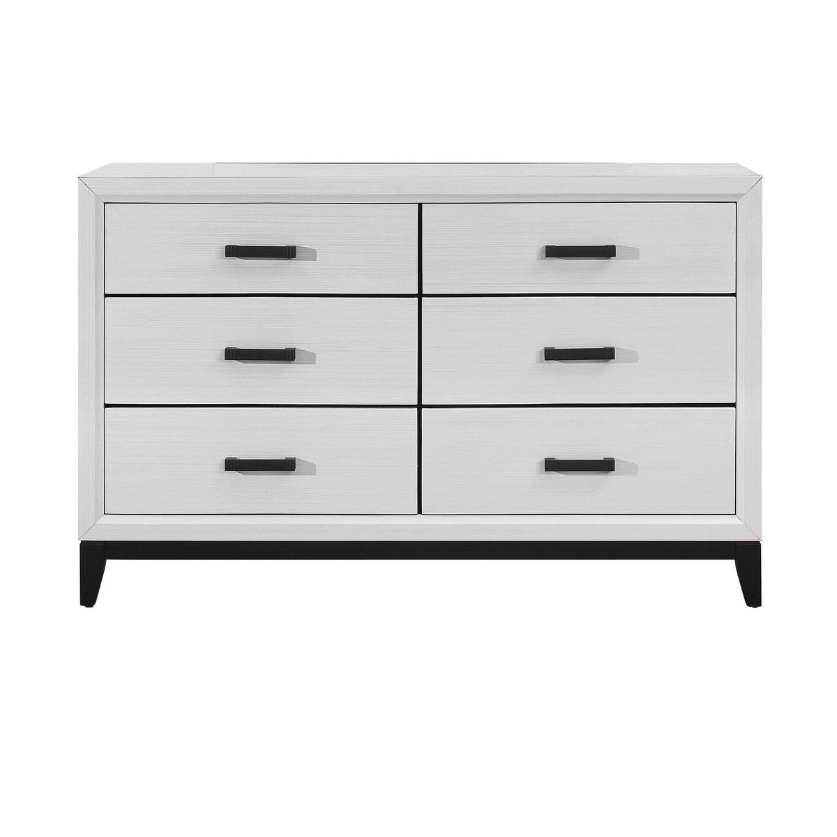 Mirage 5 Piece Bedroom Set dresser in white finish with black bar pulls on Tampa Home & Garden Store