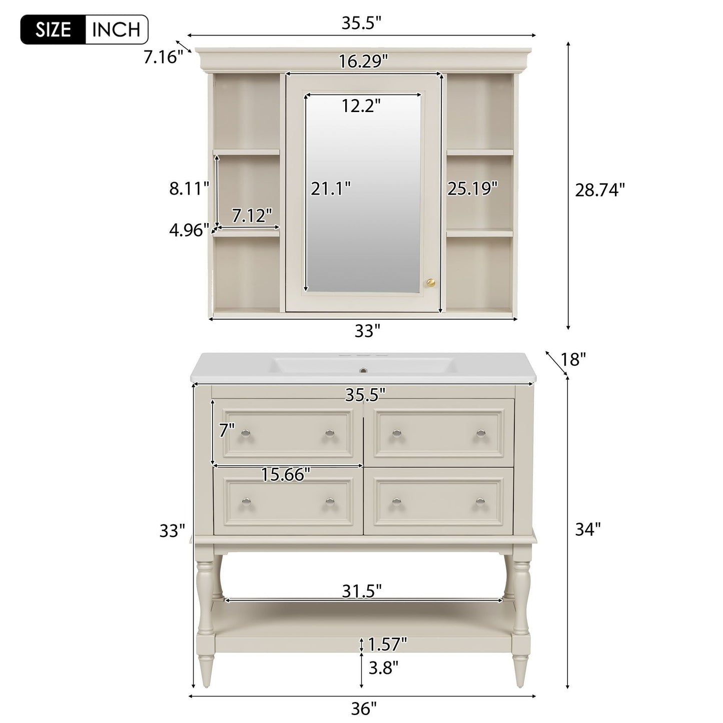 Bathroom vanity with medicine cabinet by HouseOfZazla cream finish, side shelves and 4 drawers on Tampa Home & Garden Store