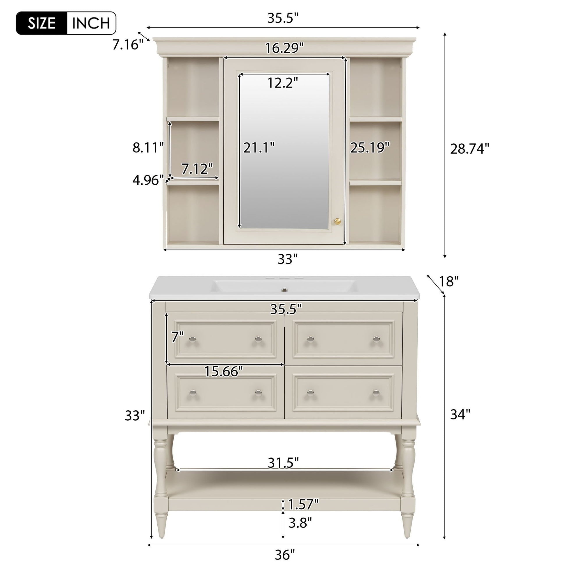 Bathroom vanity with medicine cabinet by HouseOfZazla cream finish, side shelves and 4 drawers on Tampa Home & Garden Store