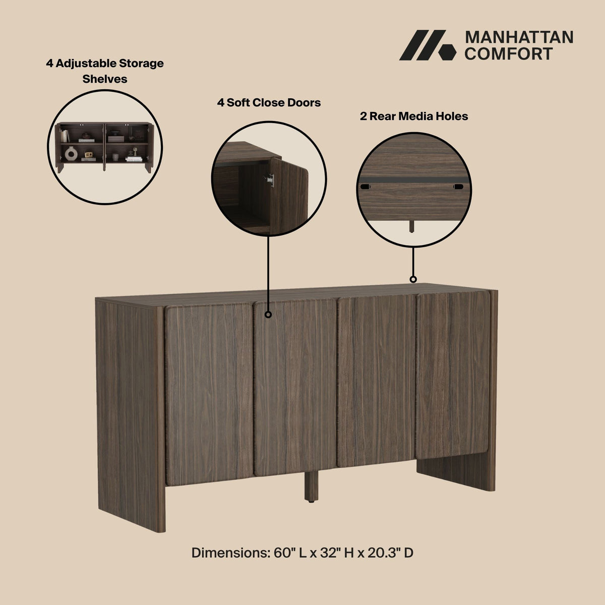 Linda Sideboard with 4 adjustable shelves and 4 soft close doors, dark brown wood finish on Tampa Home & Garden Store