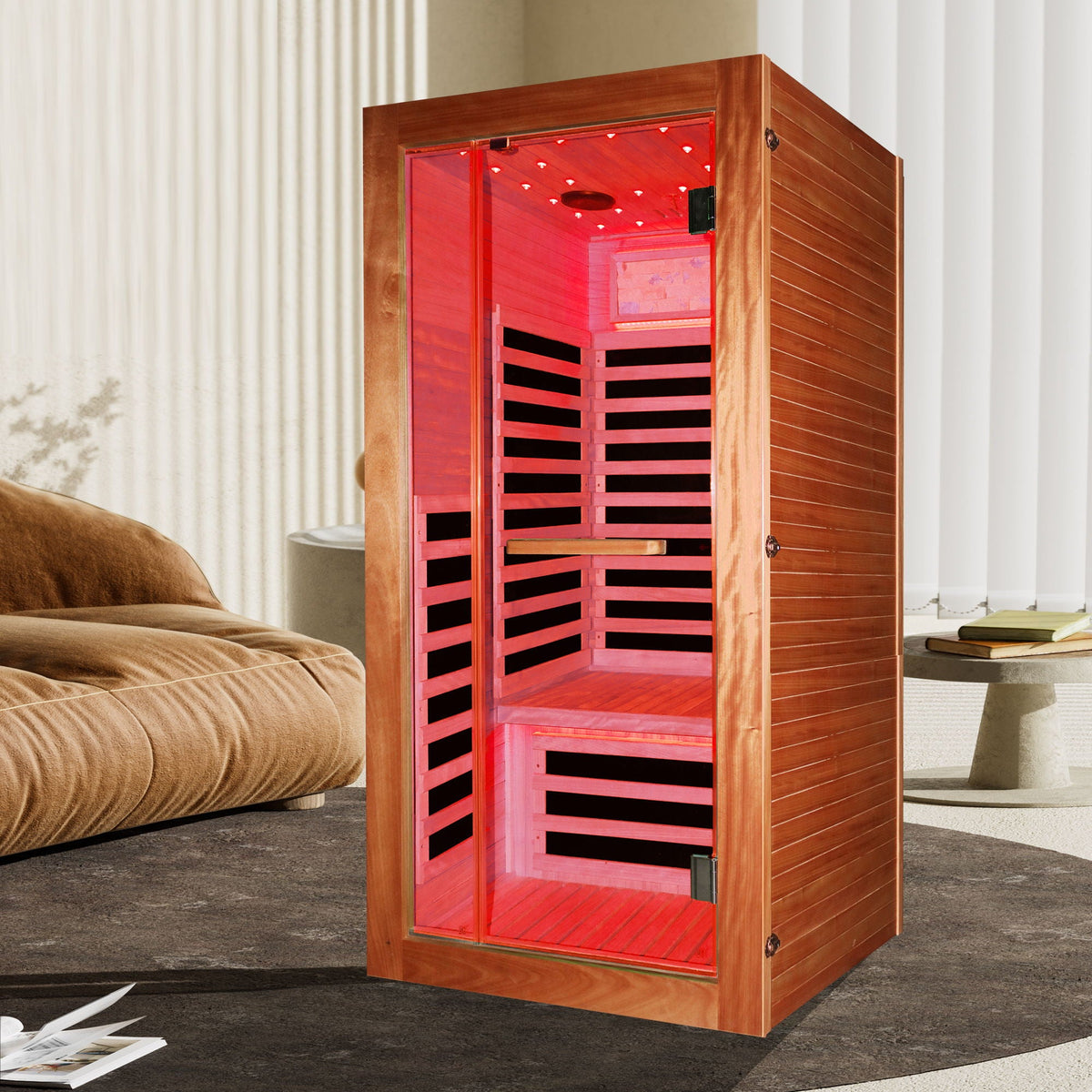 American White Oak single person sauna with glass door and red LED lighting HouseOfZazla on Tampa Home & Garden Store
