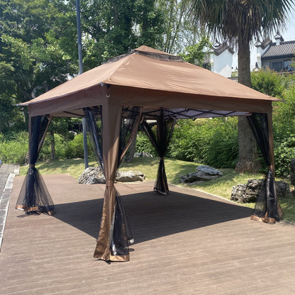 HouseOfZazla tan pop up gazebo canopy with 2-tier soft top and removable zipper netting on Tampa Home & Garden Store