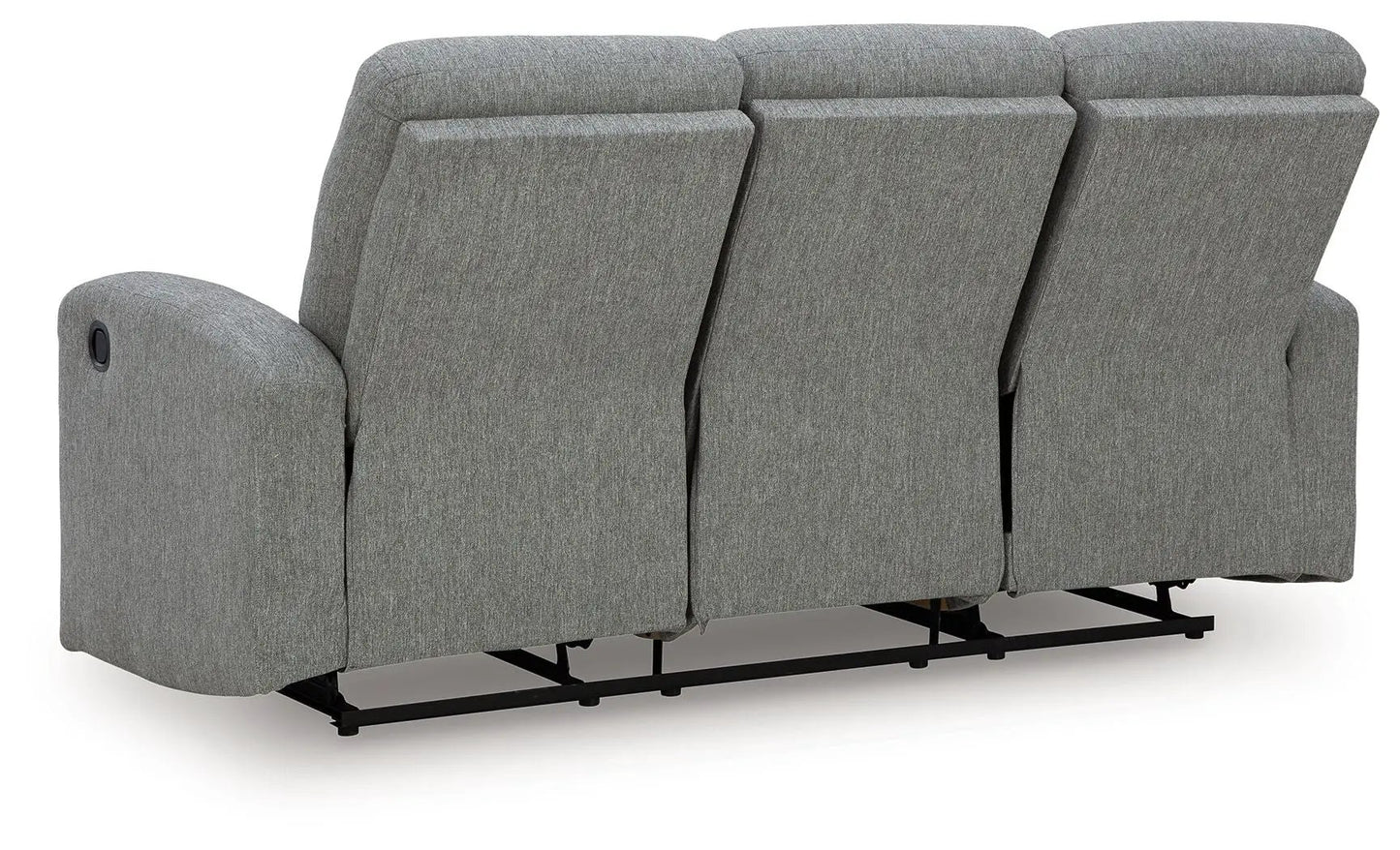 Gauntlet reclining sofa Sterling in gray fabric, three-seat with exposed metal base on Tampa Home & Garden Store