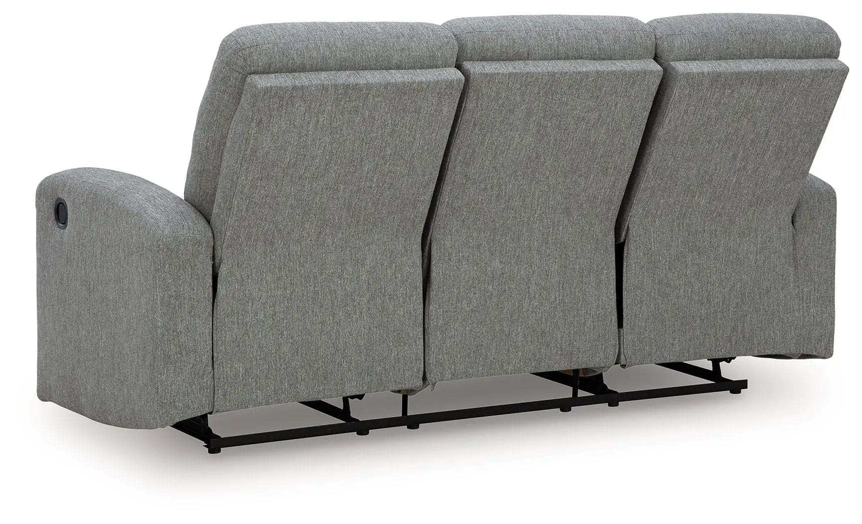 Gauntlet reclining sofa Sterling in gray fabric, three-seat with exposed metal base on Tampa Home & Garden Store