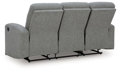 Gauntlet reclining sofa Sterling in gray fabric, three-seat with exposed metal base on Tampa Home & Garden Store