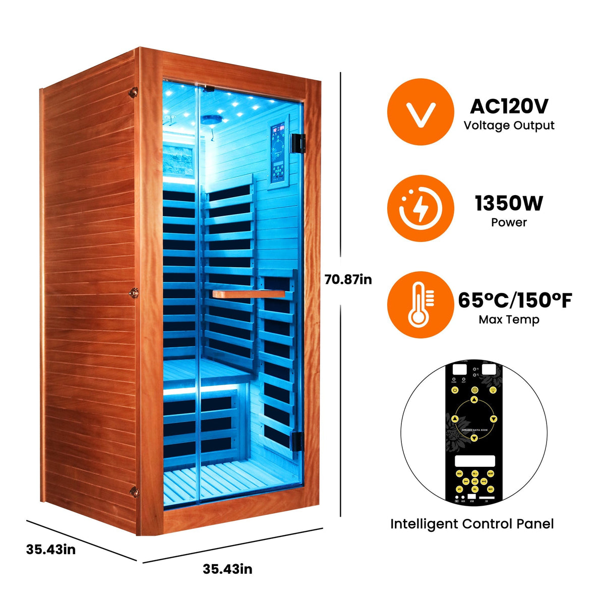 Single-Person Sauna Room Ameican White Oak by HouseOfZazla, 7 heating plates, blue interior on Tampa Home & Garden Store