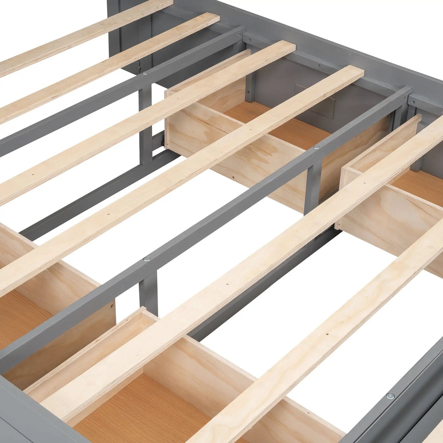 Platform bed with underbed storage drawers, grey metal rails and light wood slats on Tampa Home & Garden Store