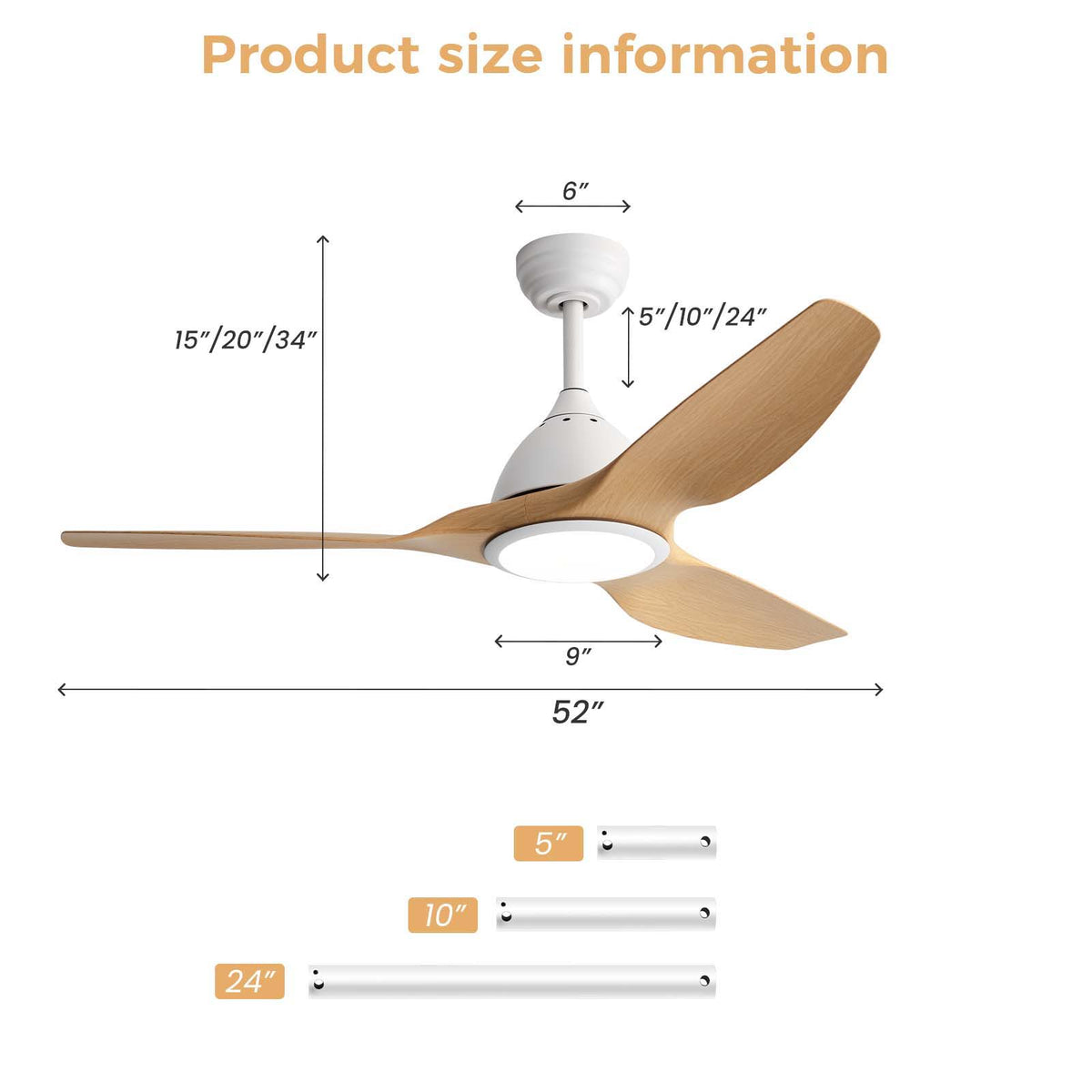 Bredoom 52in ceiling fan with remote and LED light, white housing and light brown blades on Tampa Home & Garden Store