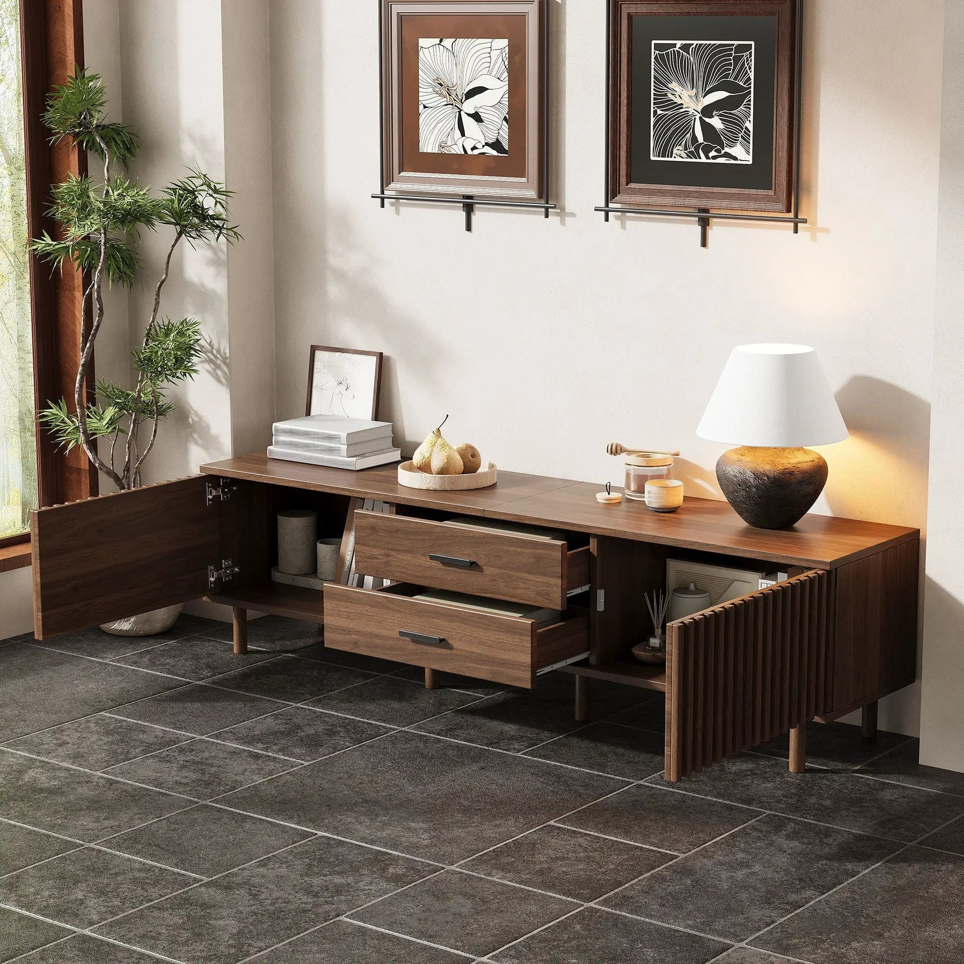TV stand for TVs up to 80 inches, dark brown wood entertainment center with drawers on Tampa Home & Garden Store
