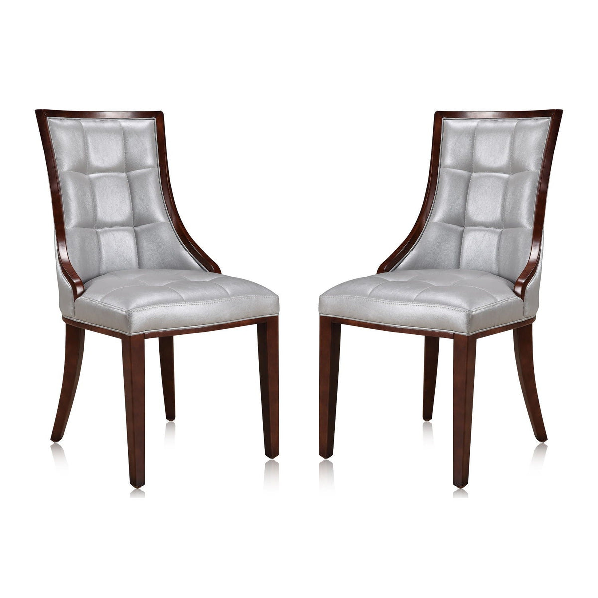 Fifth Avenue dining chairs set of 2, grey tufted upholstery with dark wood curved frame on Tampa Home & Garden Store