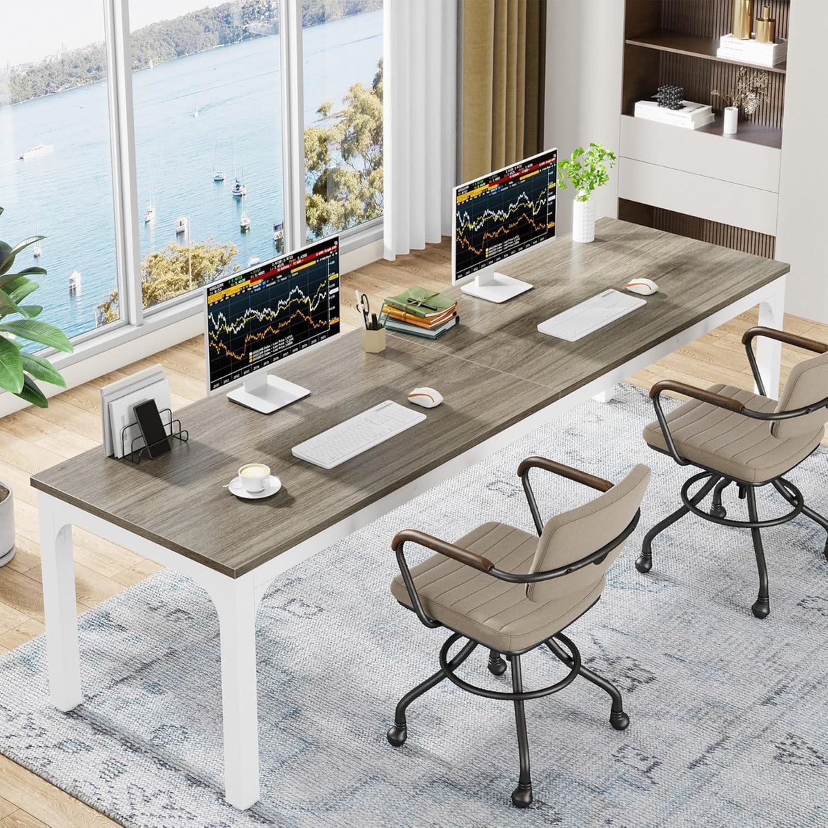 Extra long two-person computer desk in white oak with dual monitors for workstation on Tampa Home & Garden Store
