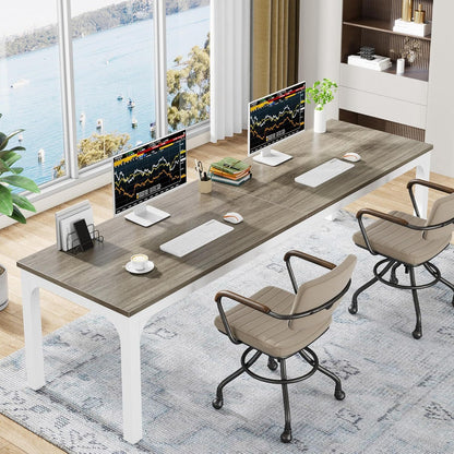 Extra long two-person computer desk in white oak with dual monitors for workstation on Tampa Home & Garden Store