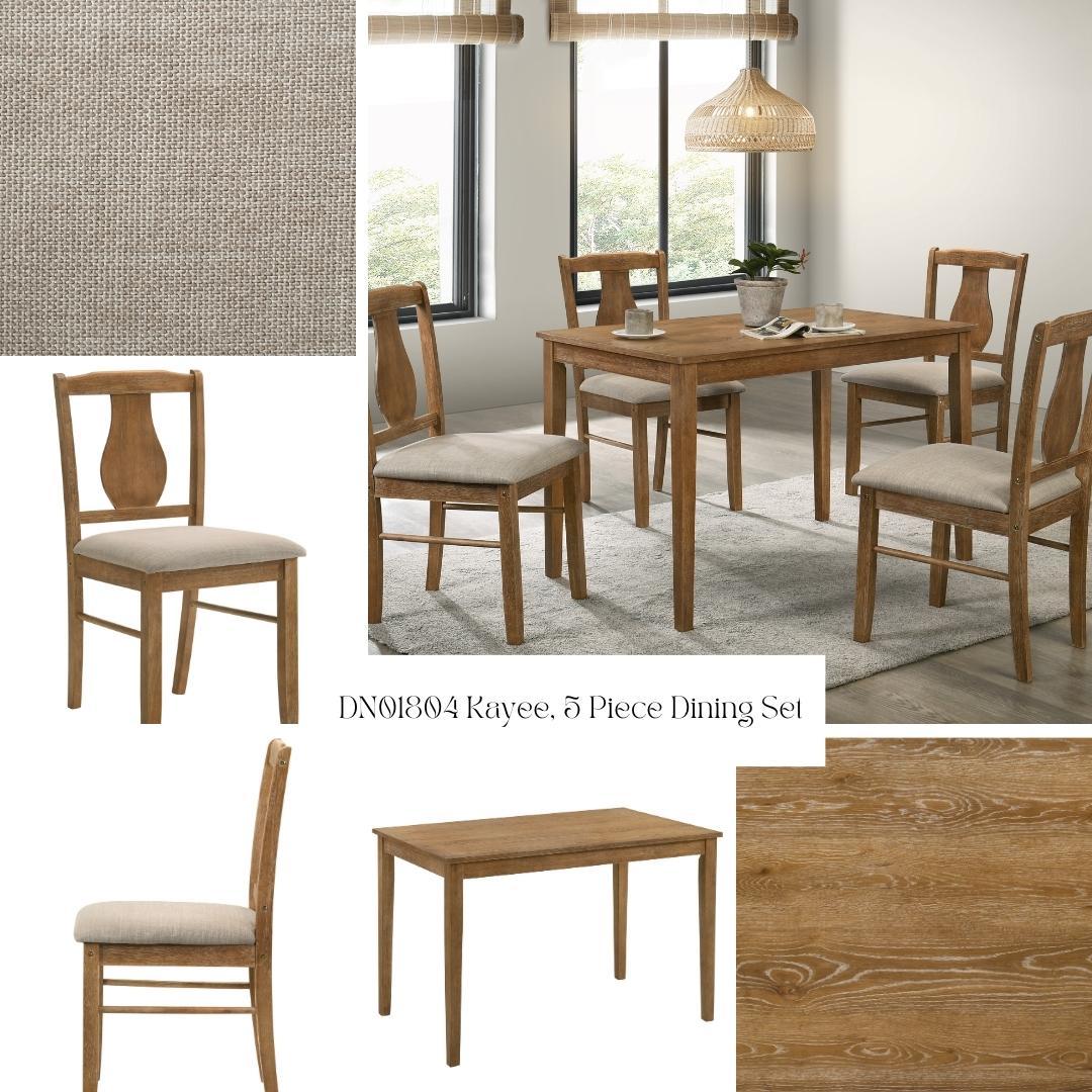 Kayee 5 Piece Dining Set in Weathered Oak with table and four beige upholstered chairs on Tampa Home & Garden Store