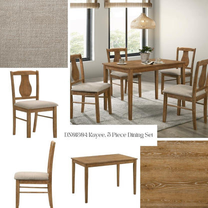 Kayee 5 Piece Dining Set in Weathered Oak with table and four beige upholstered chairs on Tampa Home & Garden Store