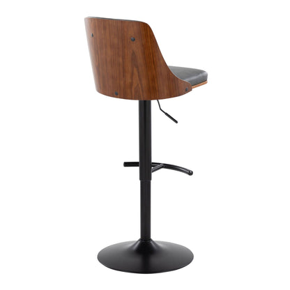 Mid Century Modern adjustable barstool with wood veneer back and gray seat, swivel on Tampa Home & Garden Store