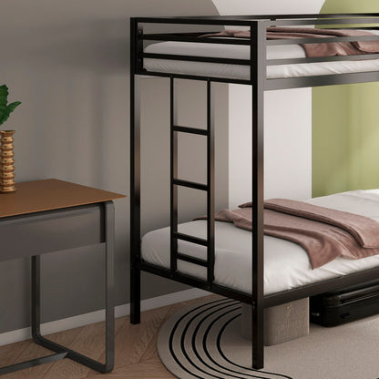 Adam Twin over Twin bunk bed frame in black metal with ladder and white mattresses on Tampa Home & Garden Store
