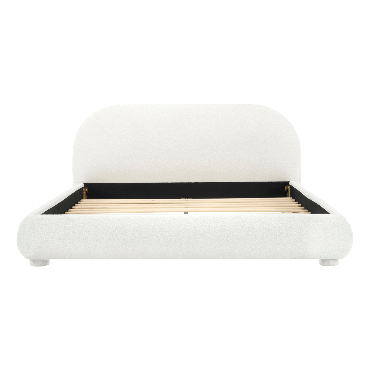 Cream fabric upholstered queen bed with rounded headboard and wooden slat base on Tampa Home & Garden Store