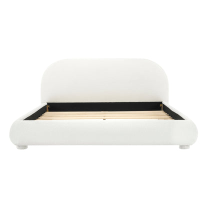 Cream fabric upholstered queen bed with rounded headboard and wooden slat base on Tampa Home & Garden Store