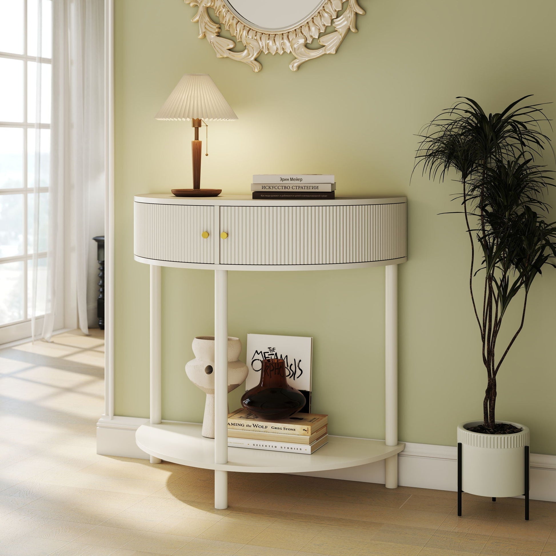 Demi Lune Console Table with 2 Storage Drawers in white, by HouseOfZazla on Tampa Home & Garden Store