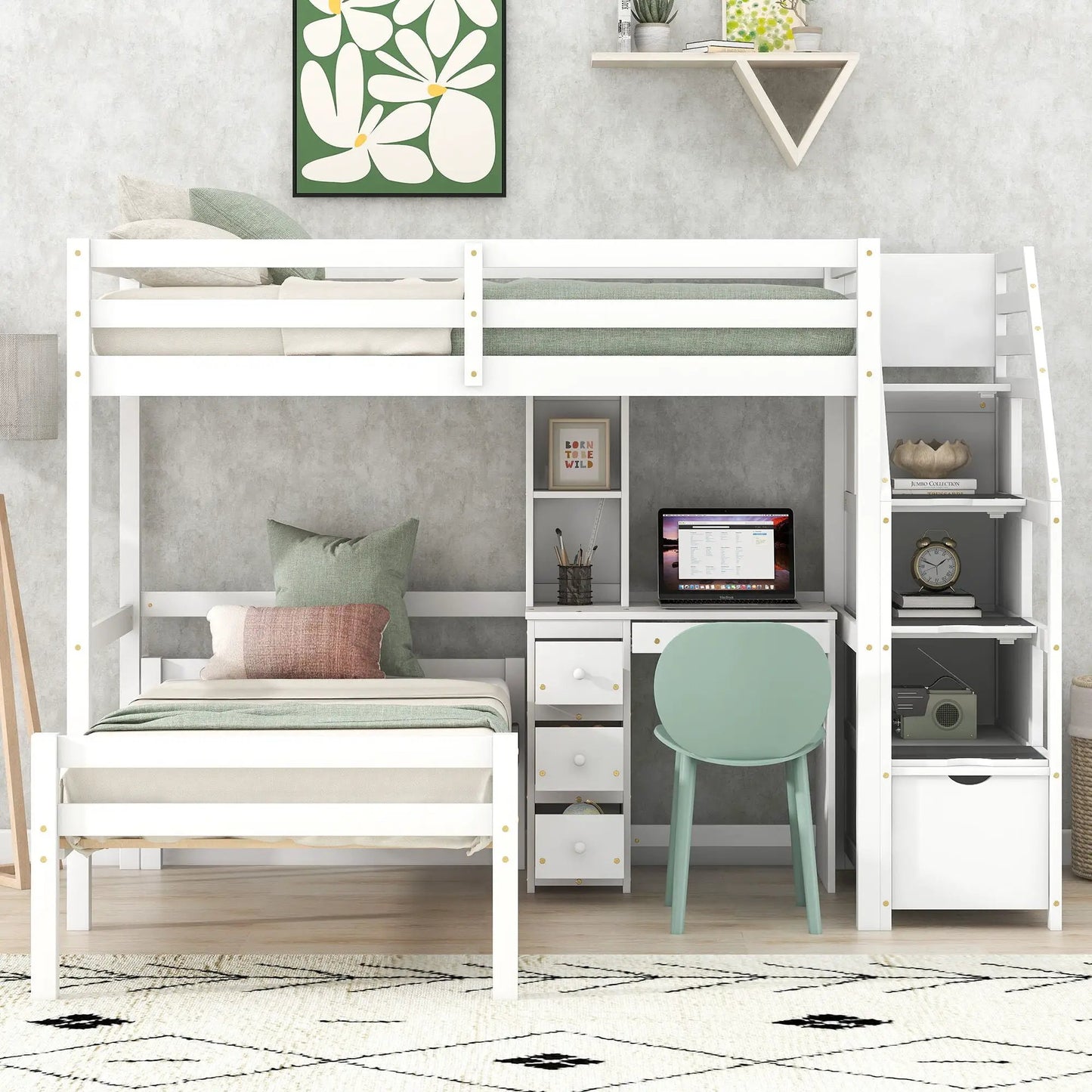 Loft Bed Standalone Bed with Storage Staircase