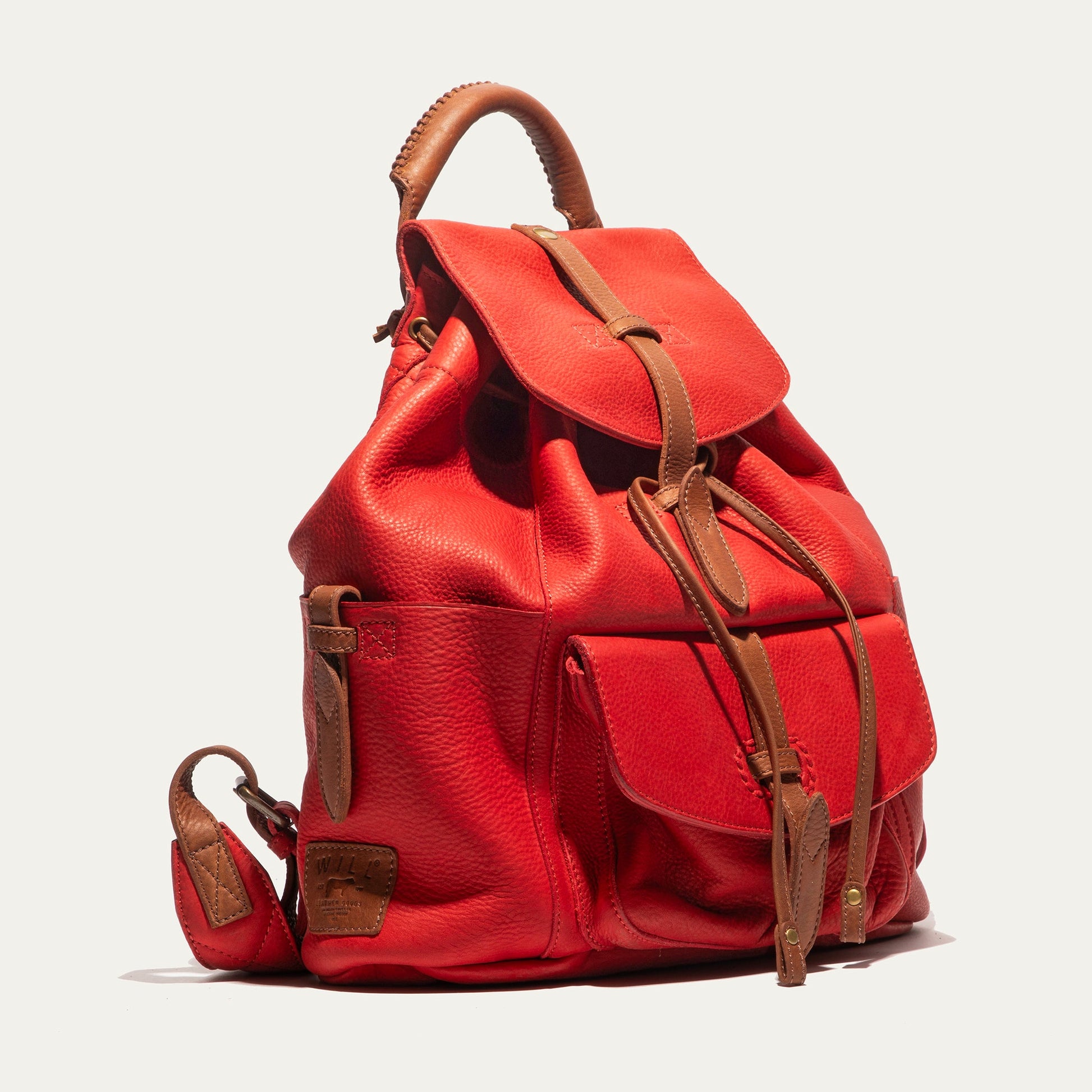 Rainier Leather Backpack by Will Leather Goods, red pebbled leather with tan straps on Tampa Home & Garden Store