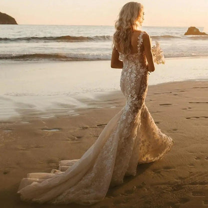 Mermaid wedding dress with 3D lace appliques, ivory lace, dramatic beach-length train on Tampa Home & Garden Store