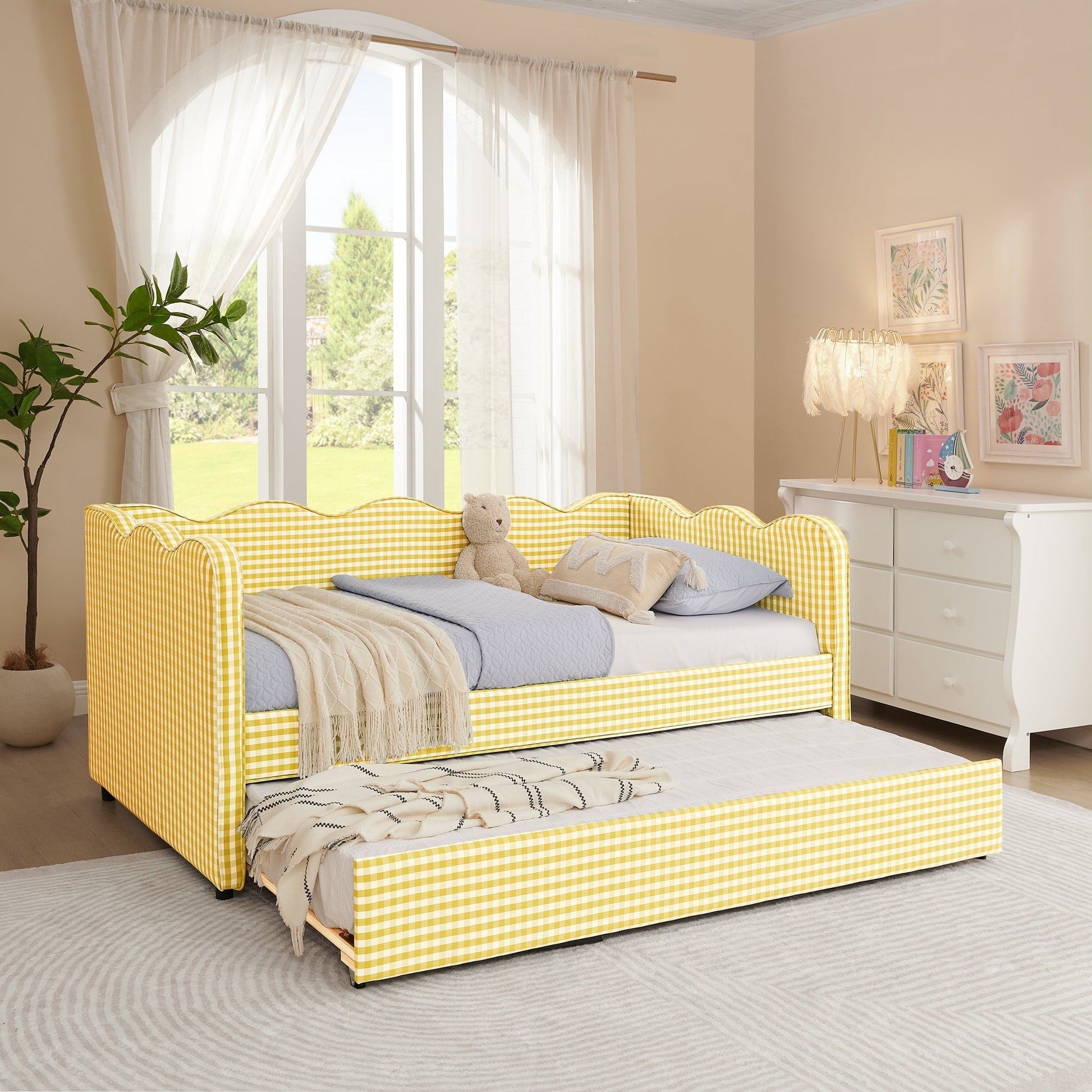 Cozy Gingham Daybed with Trundle, yellow-and-white gingham upholstery, twin size sofa bed on Tampa Home & Garden Store
