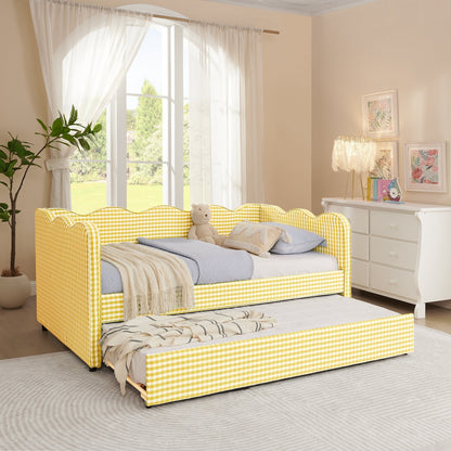 Cozy Gingham Daybed with Trundle, yellow-and-white gingham upholstery, twin size sofa bed on Tampa Home & Garden Store