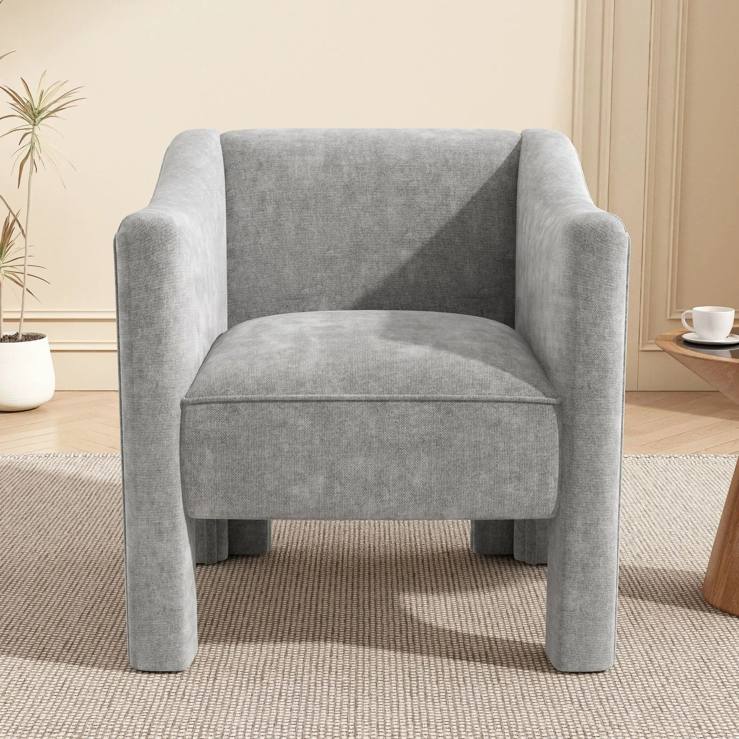 Barrel Accent Chair With Enclosed Arms in soft gray fabric in beige room on Tampa Home & Garden Store
