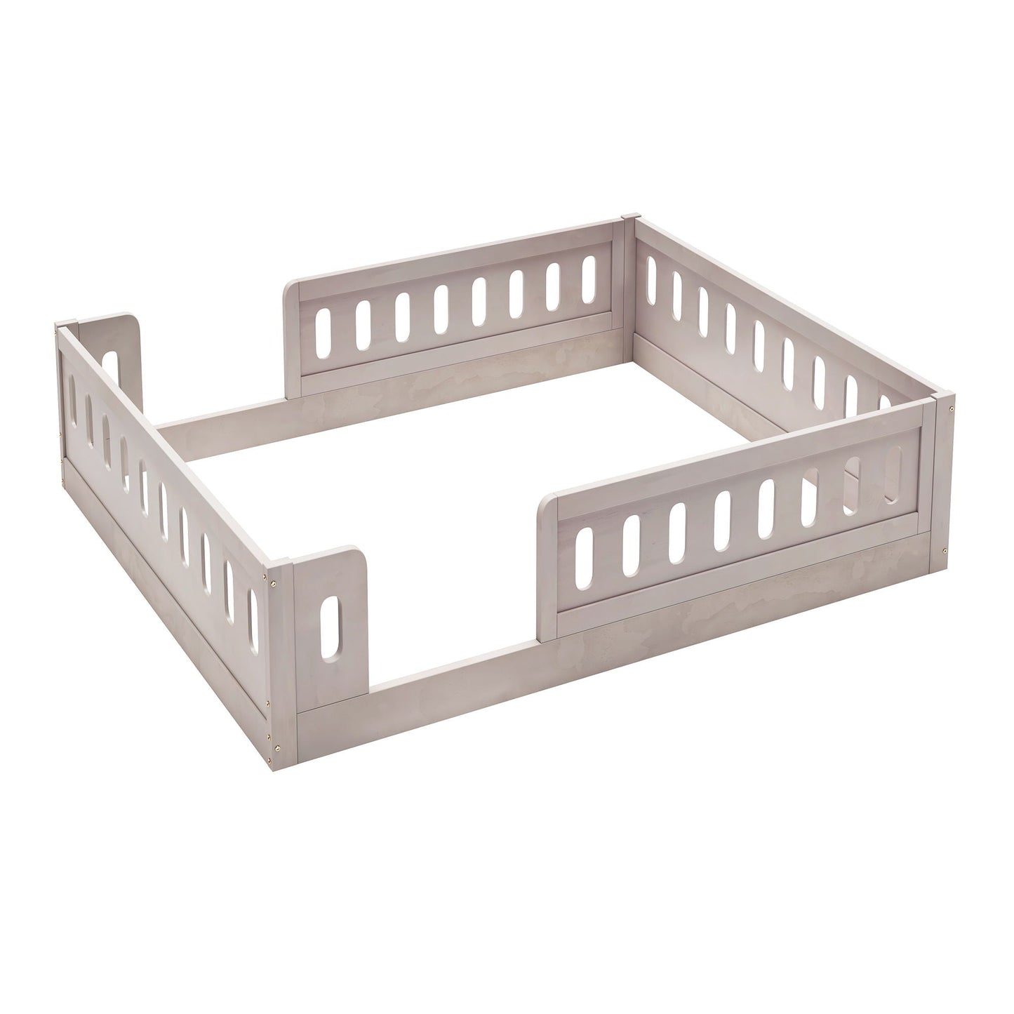 Platform bed with guardrail by HouseOfZazla in gray wood finish with slotted side panels on Tampa Home & Garden Store