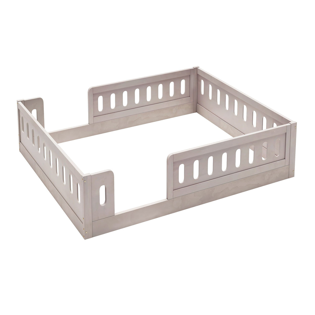 Platform bed with guardrail by HouseOfZazla in gray wood finish with slotted side panels on Tampa Home & Garden Store
