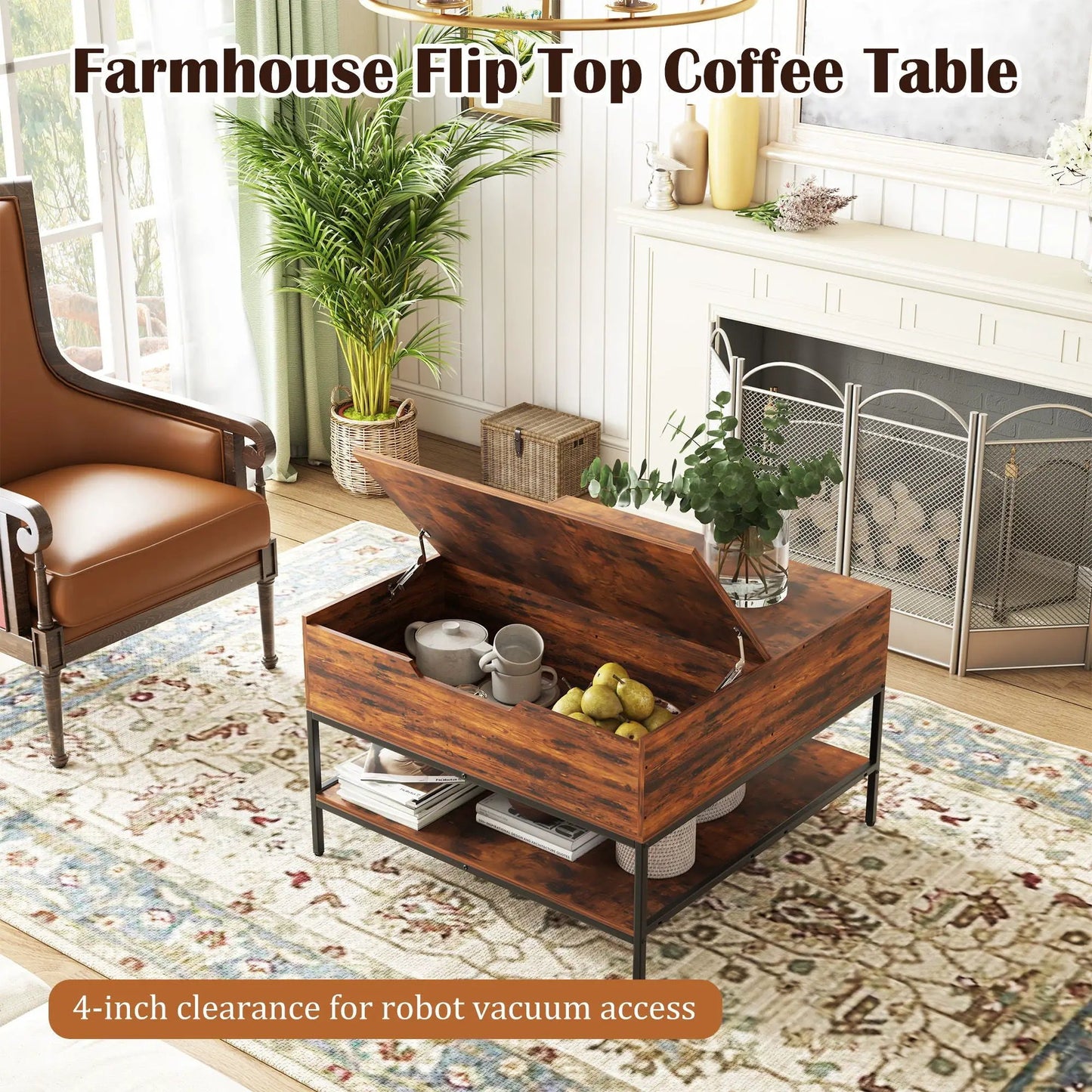 Rustic flip-top coffee table with hidden storage in black/brown finish; lid opens to reveal mugs on Tampa Home & Garden Store