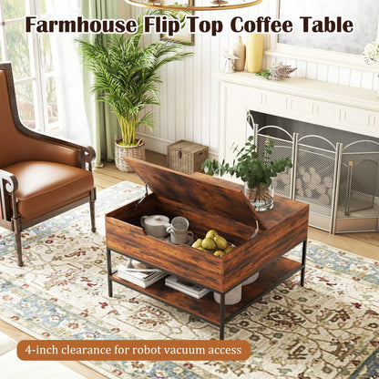 Rustic flip-top coffee table with hidden storage in black/brown finish; lid opens to reveal mugs on Tampa Home & Garden Store