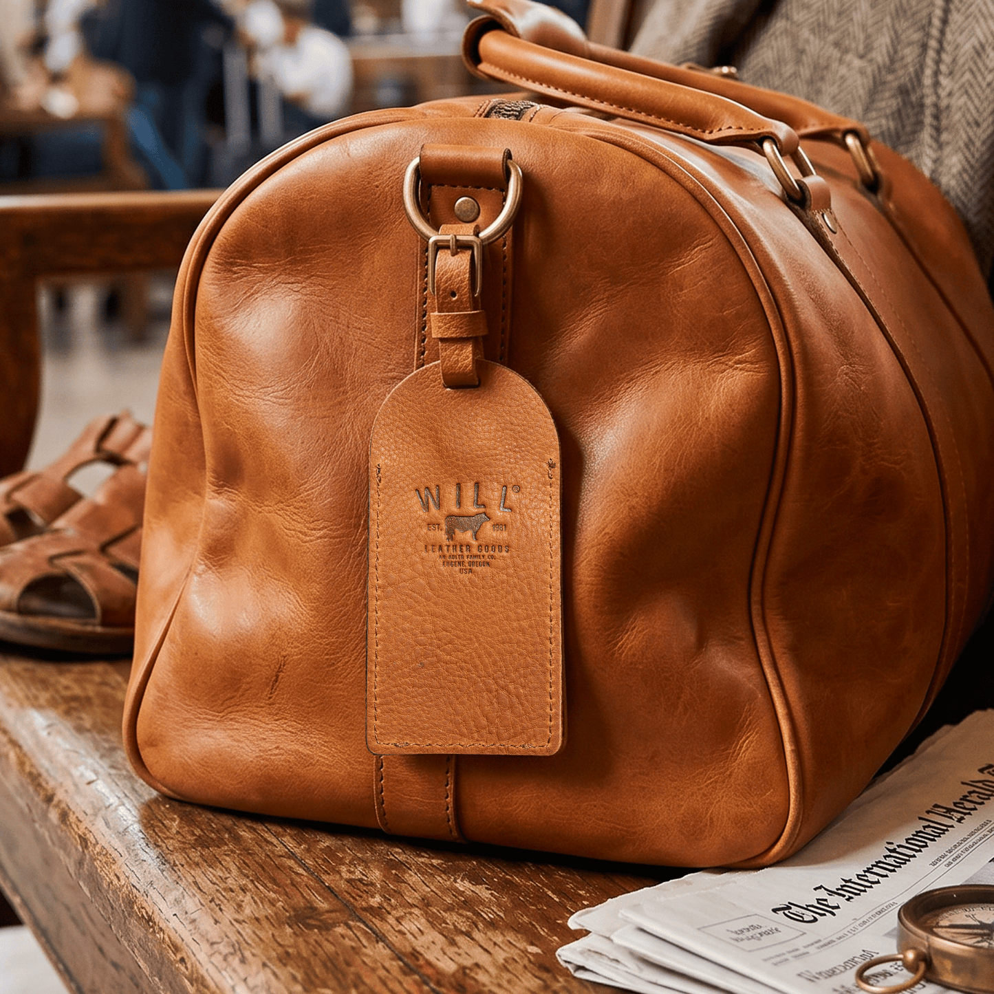 Rounded luggage tag by Will Leather Goods on tan leather bag on Tampa Home & Garden Store