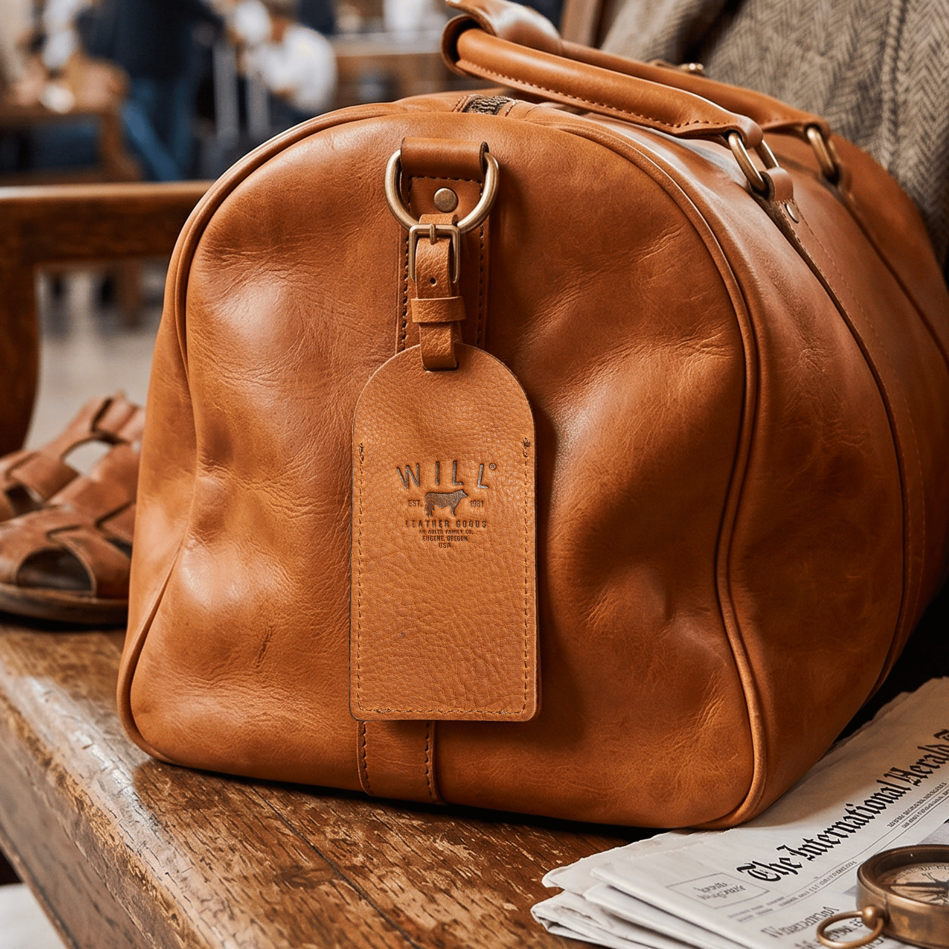 Rounded luggage tag by Will Leather Goods on tan leather bag on Tampa Home & Garden Store
