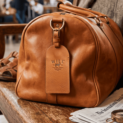 Rounded luggage tag by Will Leather Goods on tan leather bag on Tampa Home & Garden Store