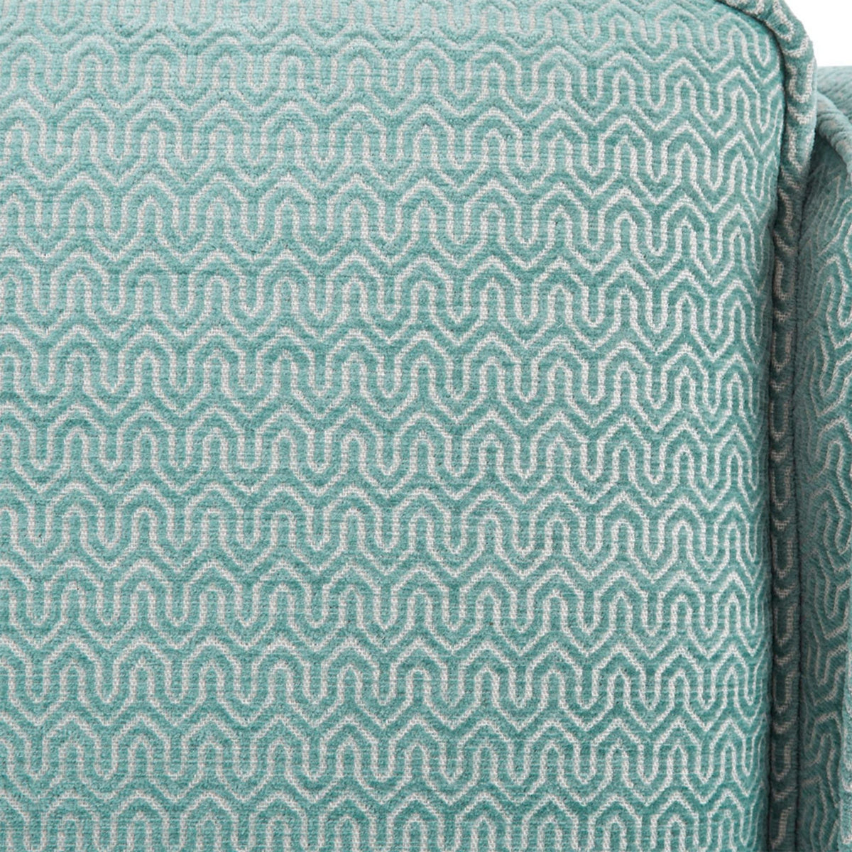 Swivel chair upholstery fabric in light blue teal with white geometric lattice pattern on Tampa Home & Garden Store