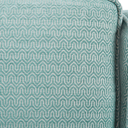 Swivel chair upholstery fabric in light blue teal with white geometric lattice pattern on Tampa Home & Garden Store