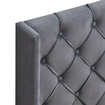 Gray velvet tufted bed with winged headboard, button accents, wood slat platform on Tampa Home & Garden Store