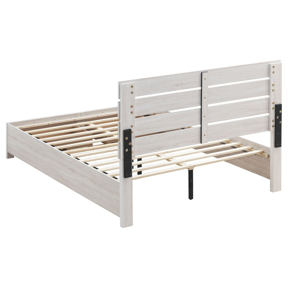 Geary Panel Bed by HouseOfZazla in lightwashed wood with slats and black hardware on Tampa Home & Garden Store