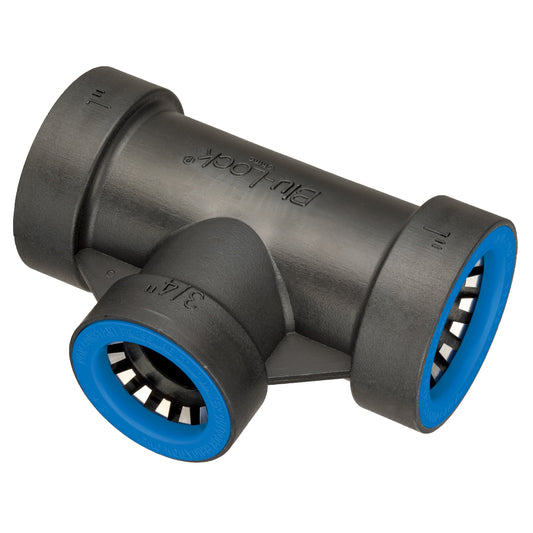 Blu-Lock reducing tee 1in x 1in x 3/4in Orbit Irrigation pipe connector with blue rings on Tampa Home & Garden Store