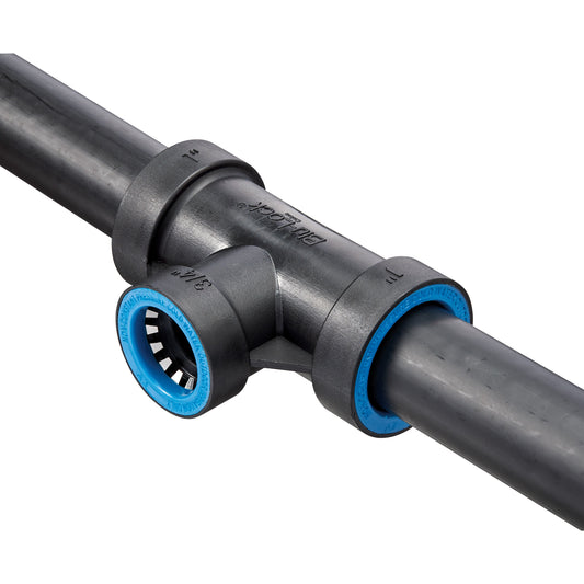 Orbit Blu-Lock reducing tee 1 in x 1 in x 3/4 in underground irrigation pipe connector blue rings on Tampa Home & Garden Store
